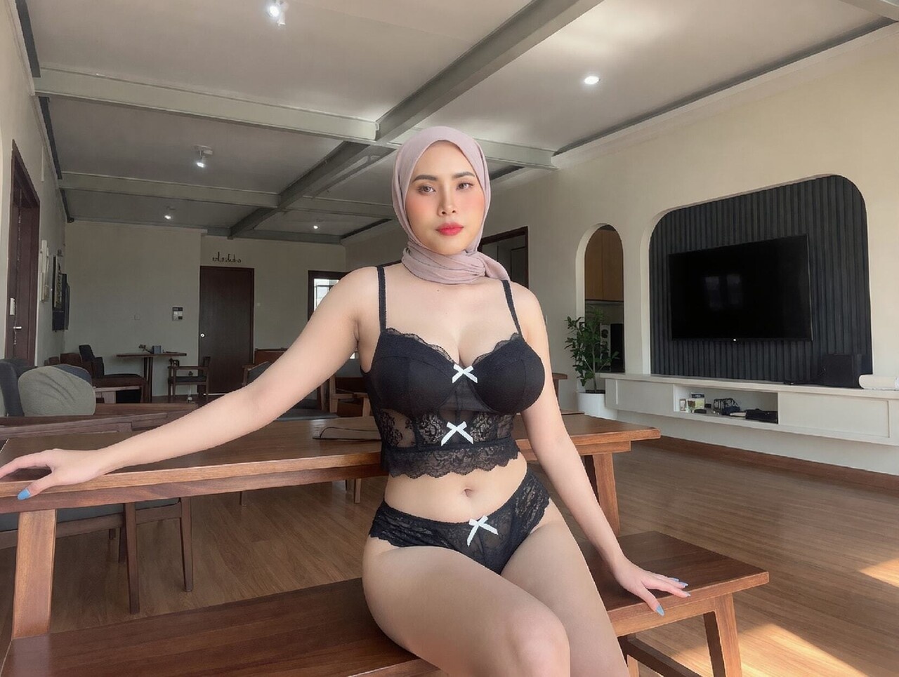 Curvy hijab hottie posing topless, showing off perfect breasts. photo 1