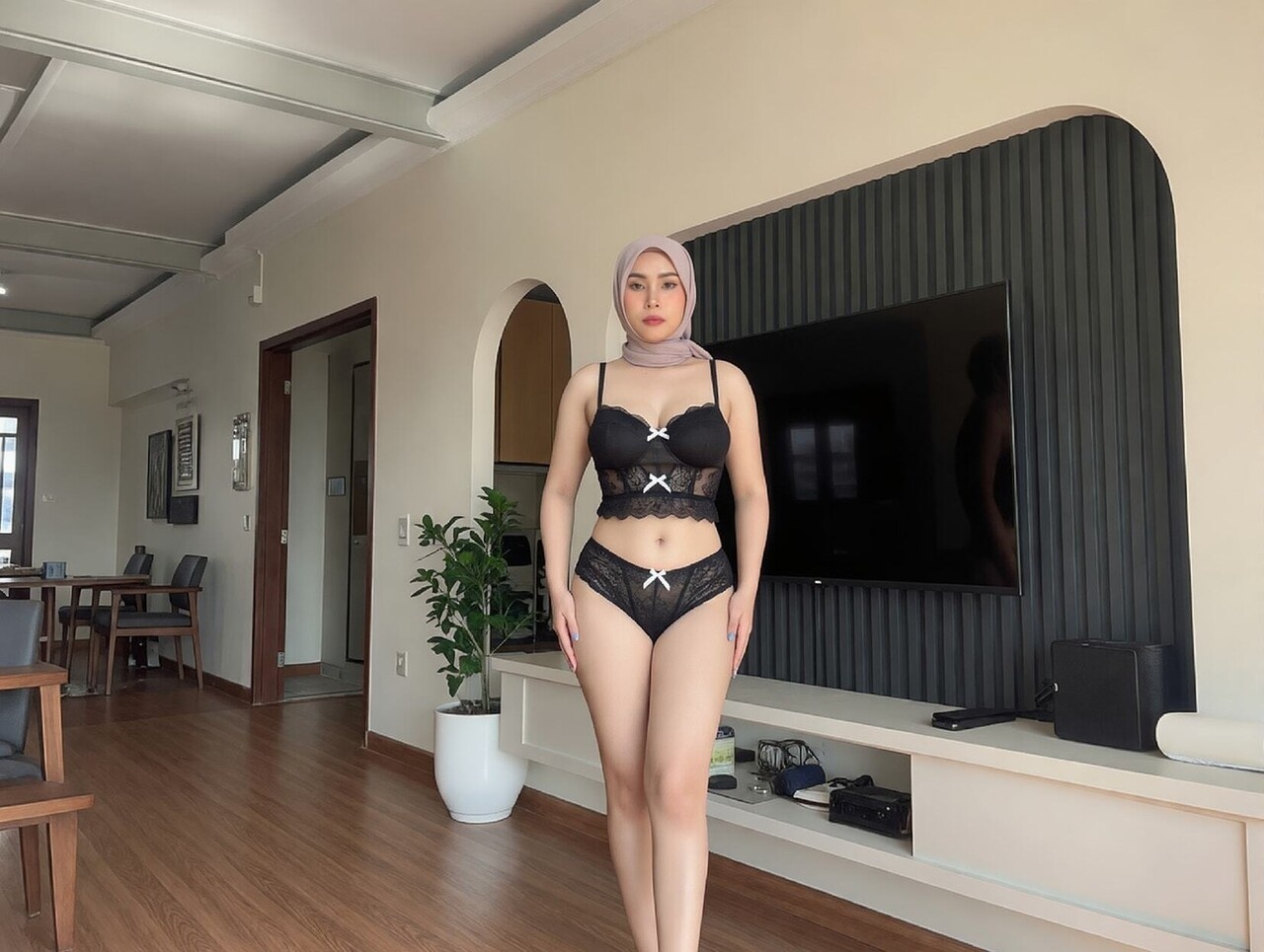 Curvy hijab hottie posing topless, showing off perfect breasts. photo 4